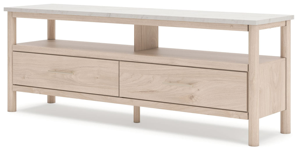 Light wood TV stand with two drawers and open center shelf