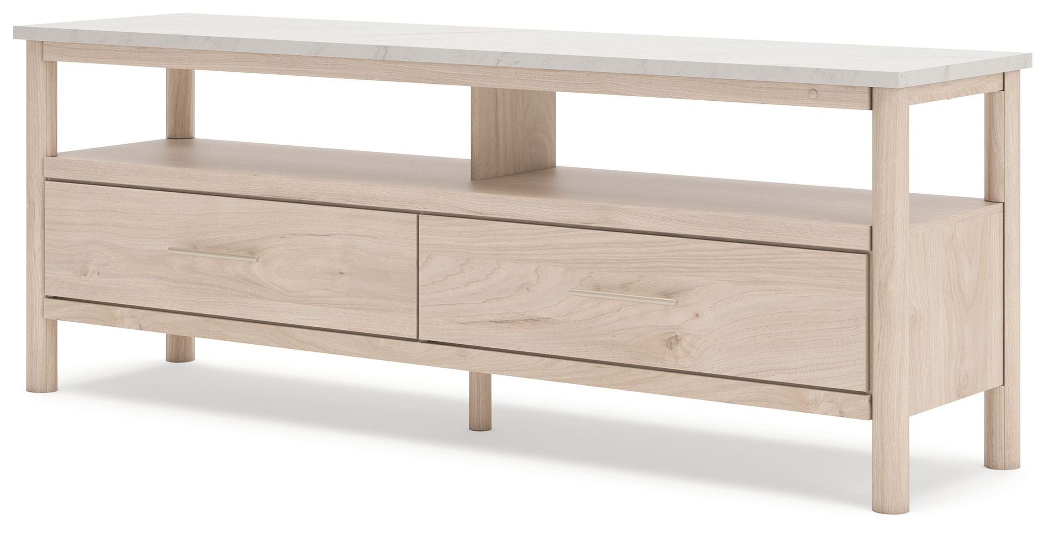 Light wood TV stand with two drawers and open center shelf