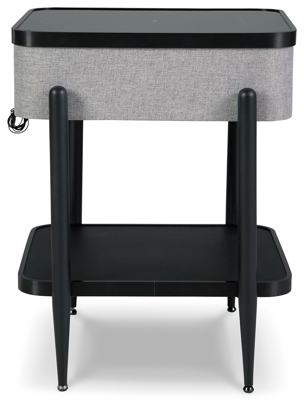 Gray speaker side table with black legs, rounded top, and front fabric panel