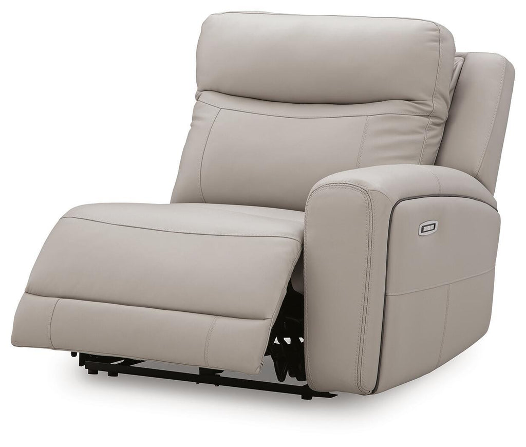 Gray power recliner chair with right-facing seat and thick armrest panel