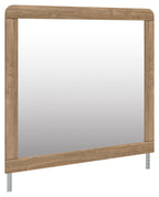 Warm natural brown bedroom mirror with rectangular wooden frame and metal feet
