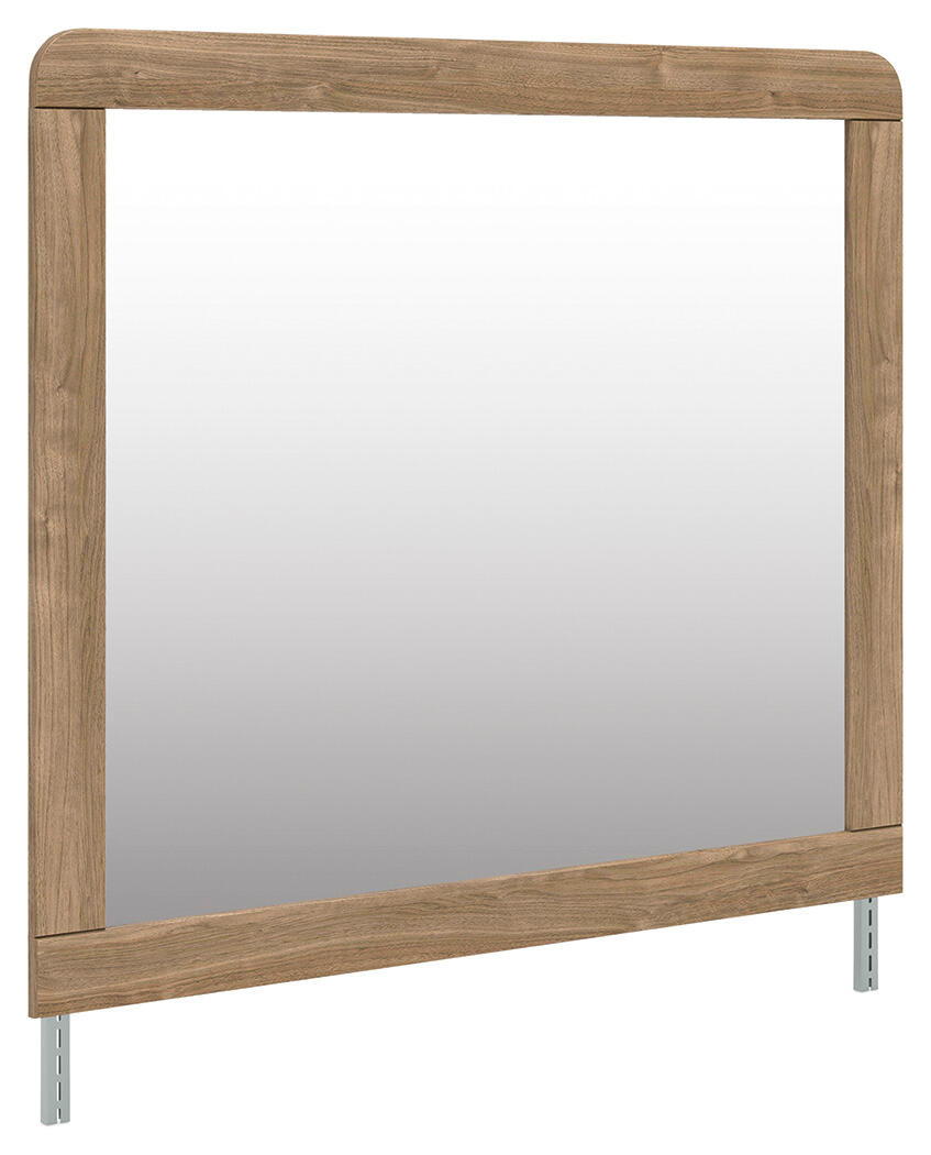 Warm natural brown bedroom mirror with rectangular wooden frame and metal feet