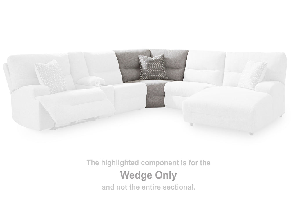 Gray upholstered wedge component with clean square arms, shown within a sectional