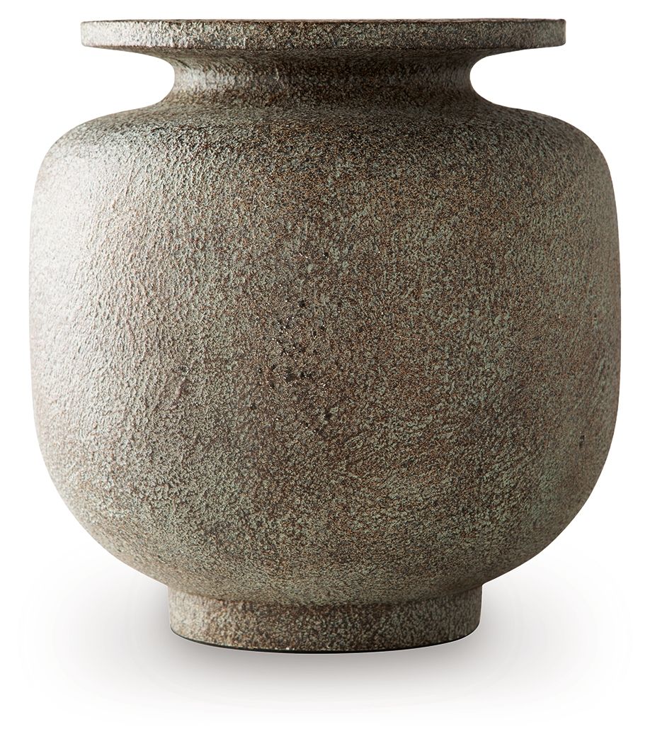 Gray textured ceramic vase with wide neck and rounded body
