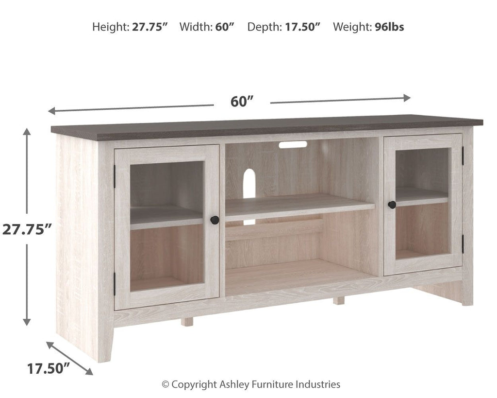 White TV stand, 60 in wide, open center shelves, two side doors, dark top