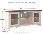 White TV stand, 60 in wide, open center shelves, two side doors, dark top