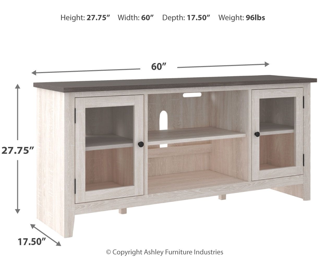 White TV stand, 60 in wide, open center shelves, two side doors, dark top