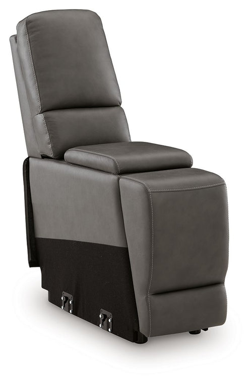 Gray upholstered recliner chair with padded arms and open storage compartment