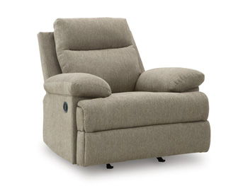 Mocha fabric rocker recliner chair with padded headrest and reclining footrest