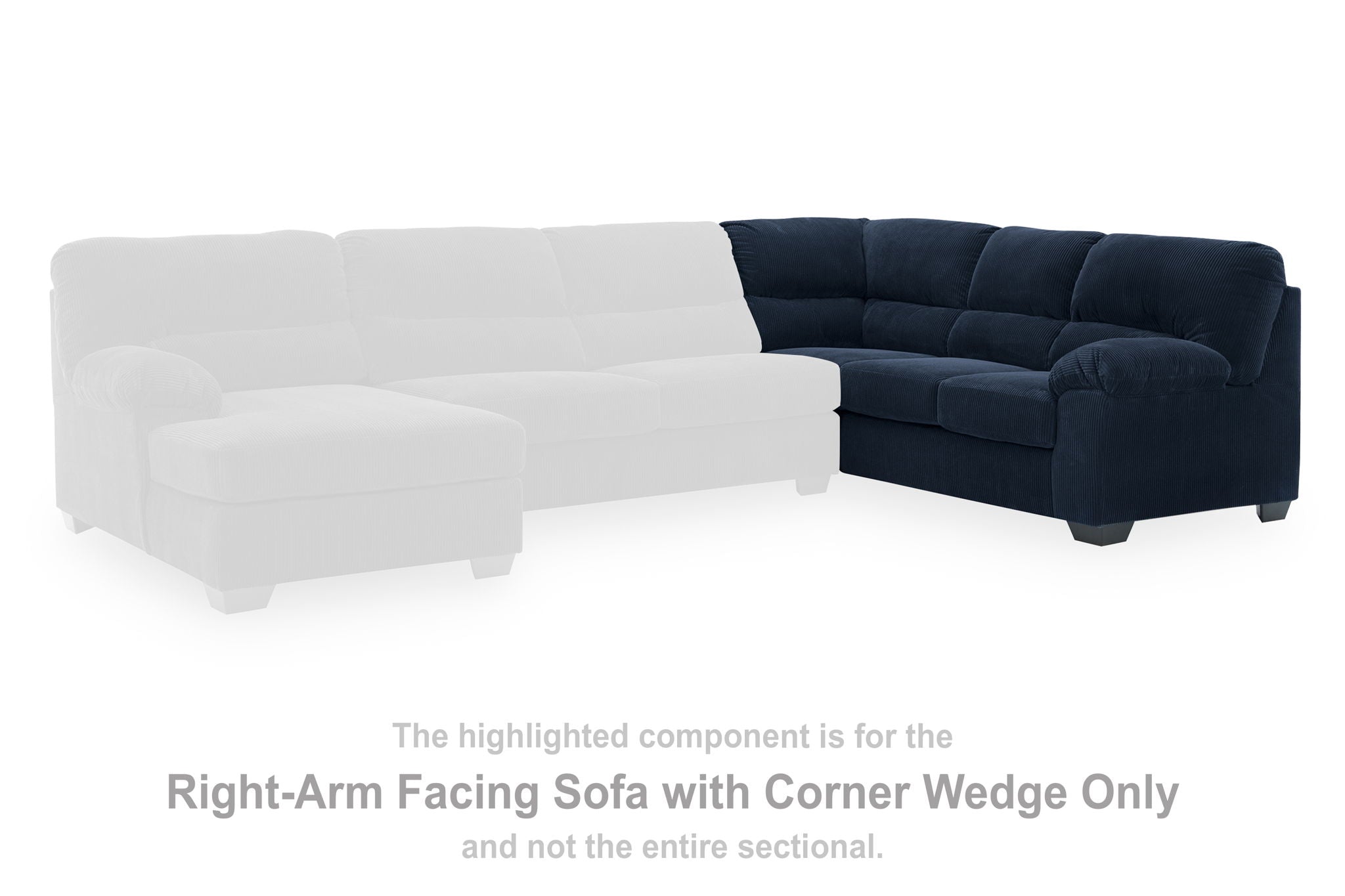 Right-arm facing navy sectional sofa with corner wedge and deep tufted back cushions