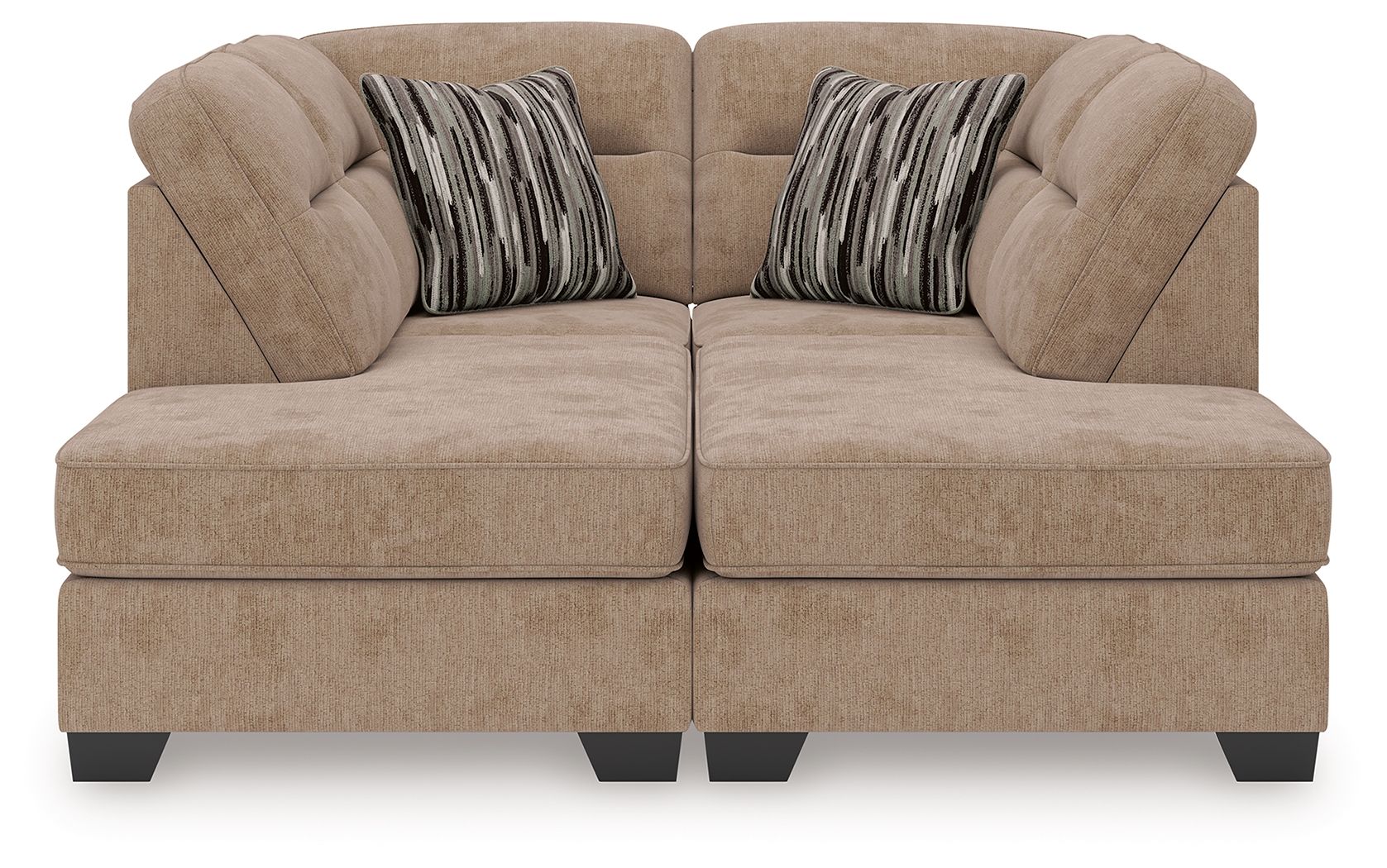 Mocha sectional sofa with two chaise ends, tufted seat cushions and two patterned throw pillows