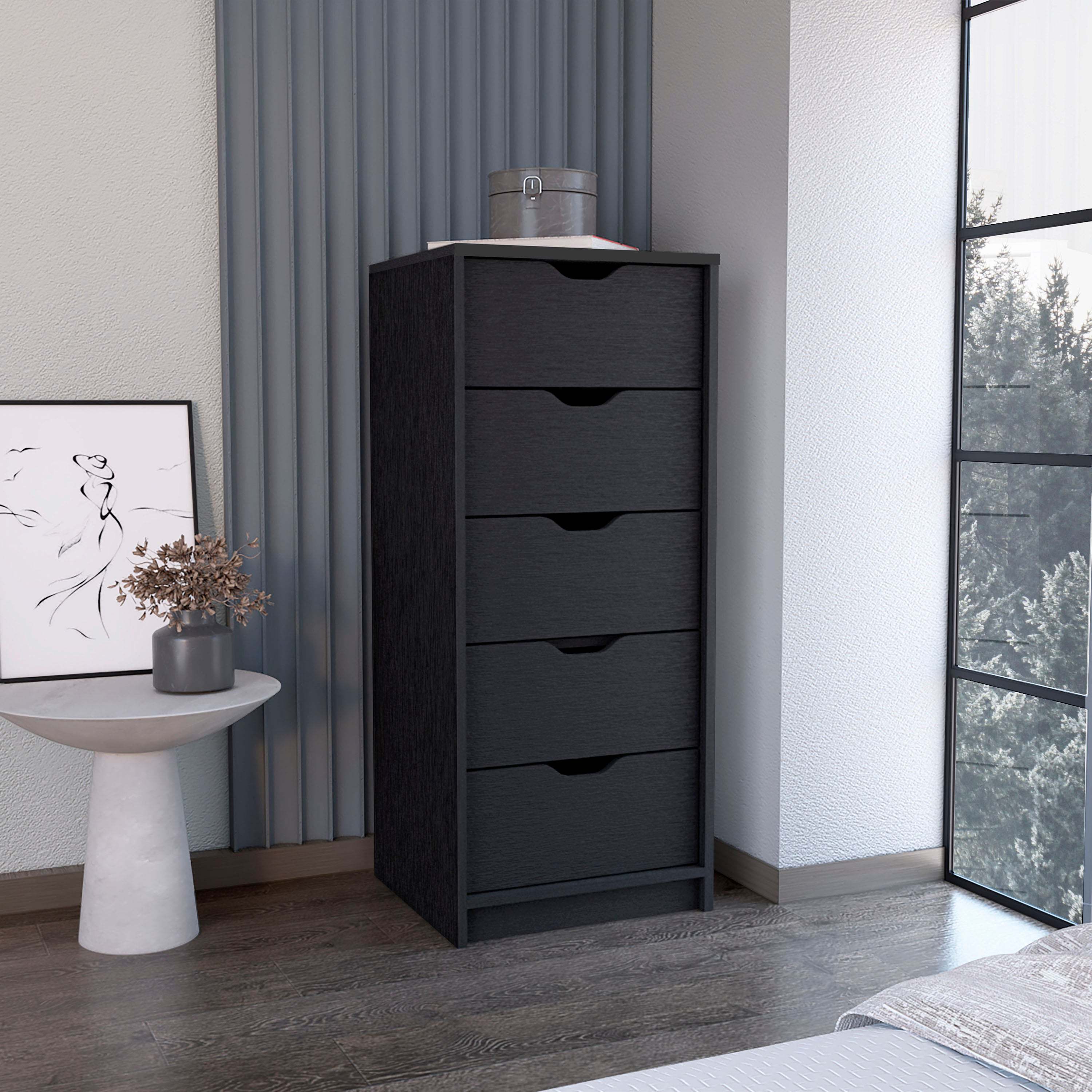 Slim Black 5-Drawer Dresser 42"H - Storage Chest