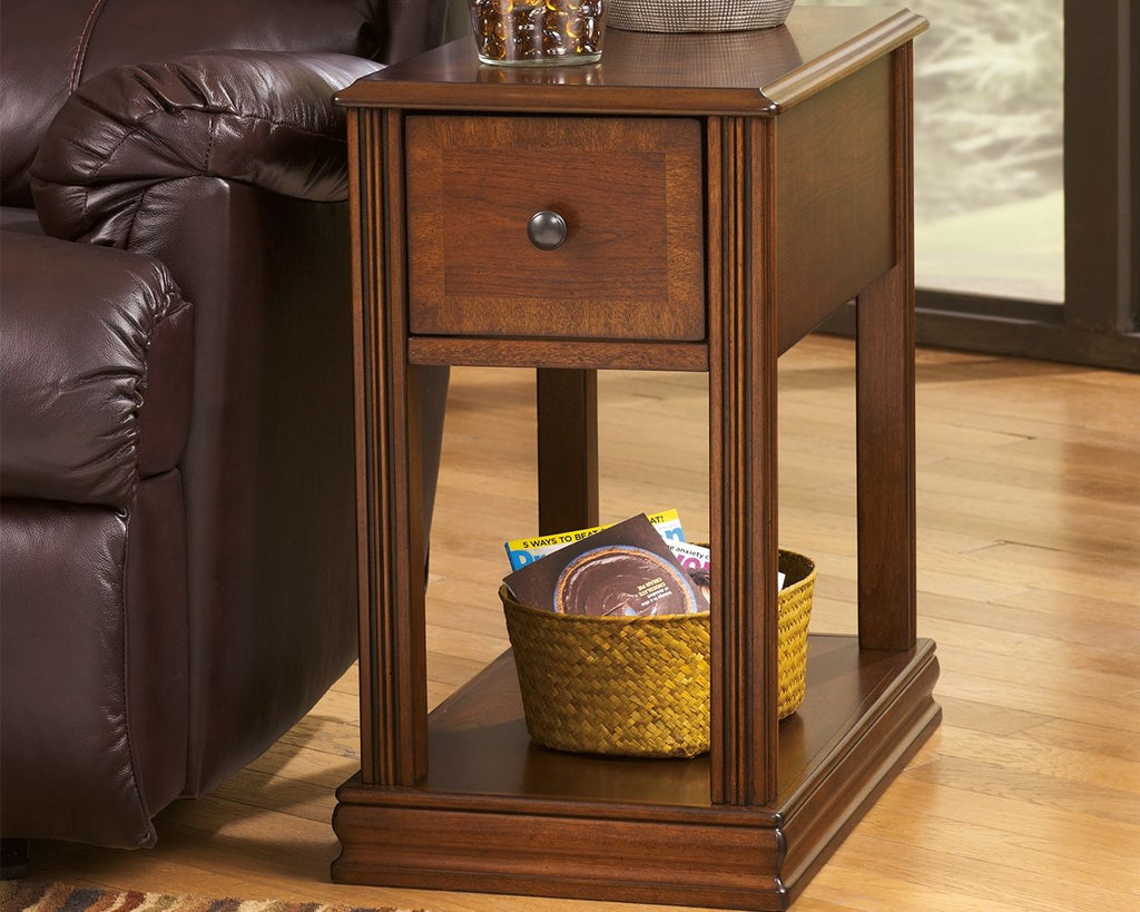 Brown chair side end table with drawer, open lower shelf, removable tray top