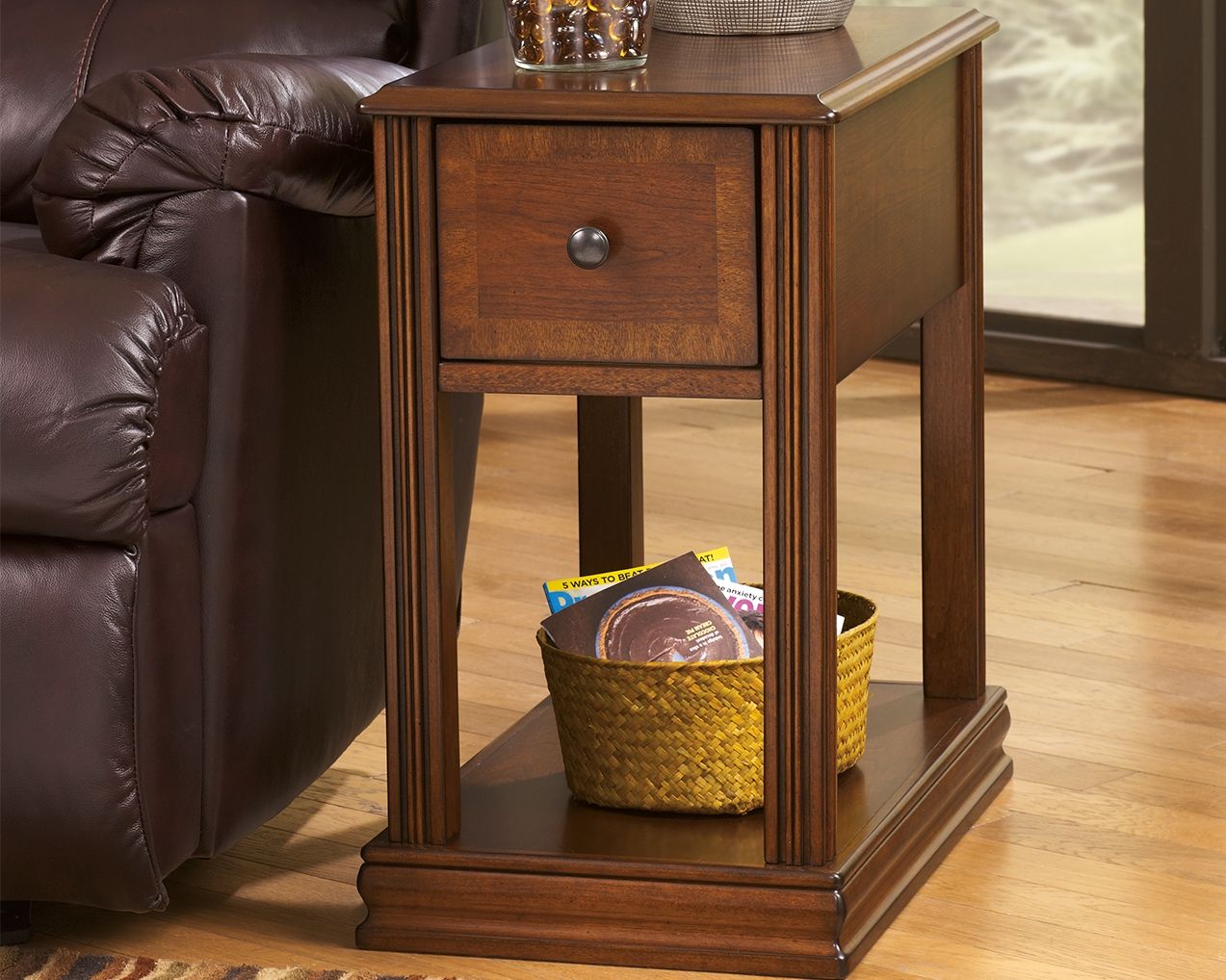 Brown chair side end table with drawer, open lower shelf, removable tray top