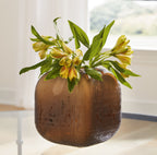 Rounded dark brown vase with open top and vertical textured pattern