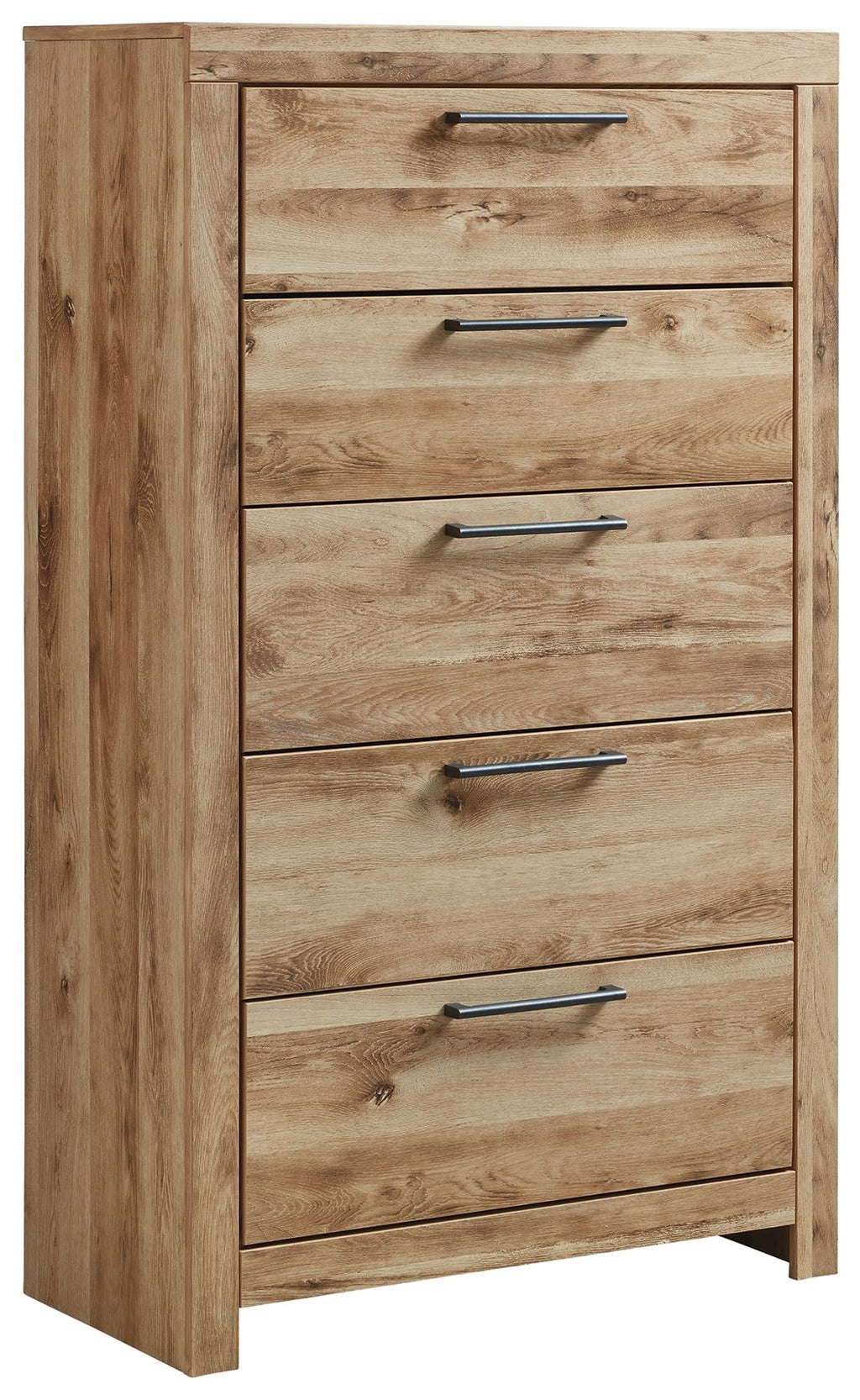 Tan brown five-drawer chest with five horizontal metal bar pulls