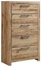 Tan brown five-drawer chest with five horizontal metal bar pulls