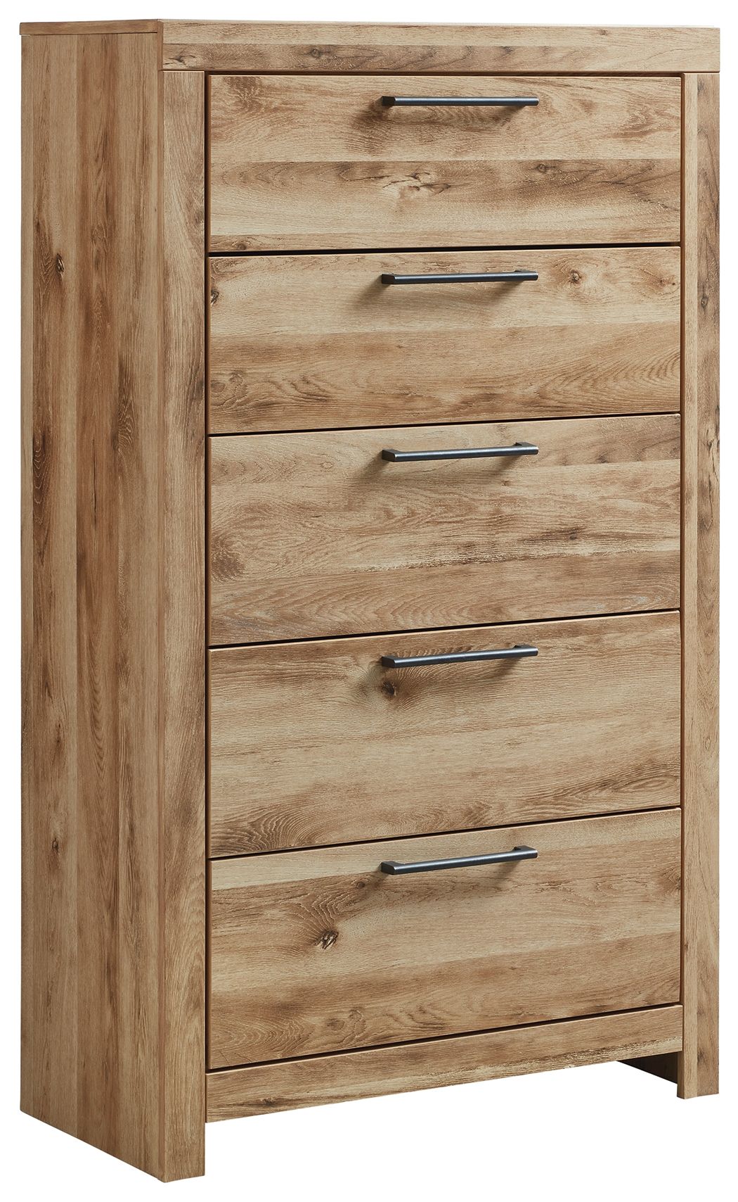 Tan brown five-drawer chest with five horizontal metal bar pulls