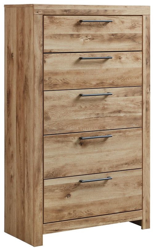 Tan brown five-drawer chest with five horizontal metal bar pulls