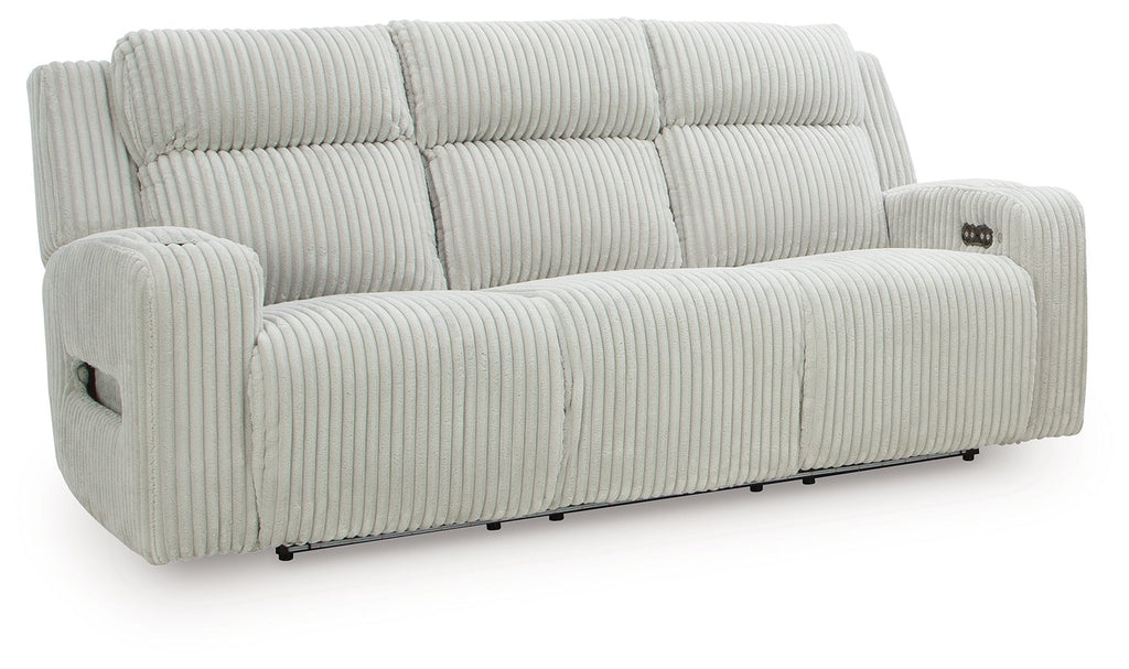 Power reclining sofa with adjustable headrests, light gray ribbed upholstery