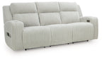 Power reclining sofa with adjustable headrests, light gray ribbed upholstery