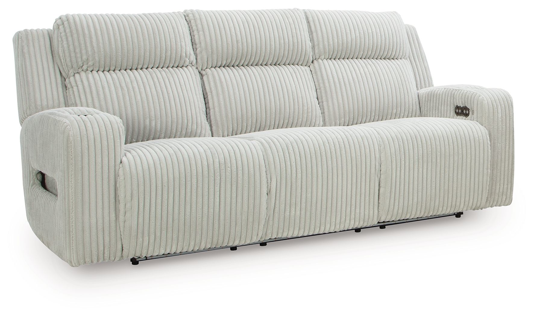 Power reclining sofa with adjustable headrests, light gray ribbed upholstery