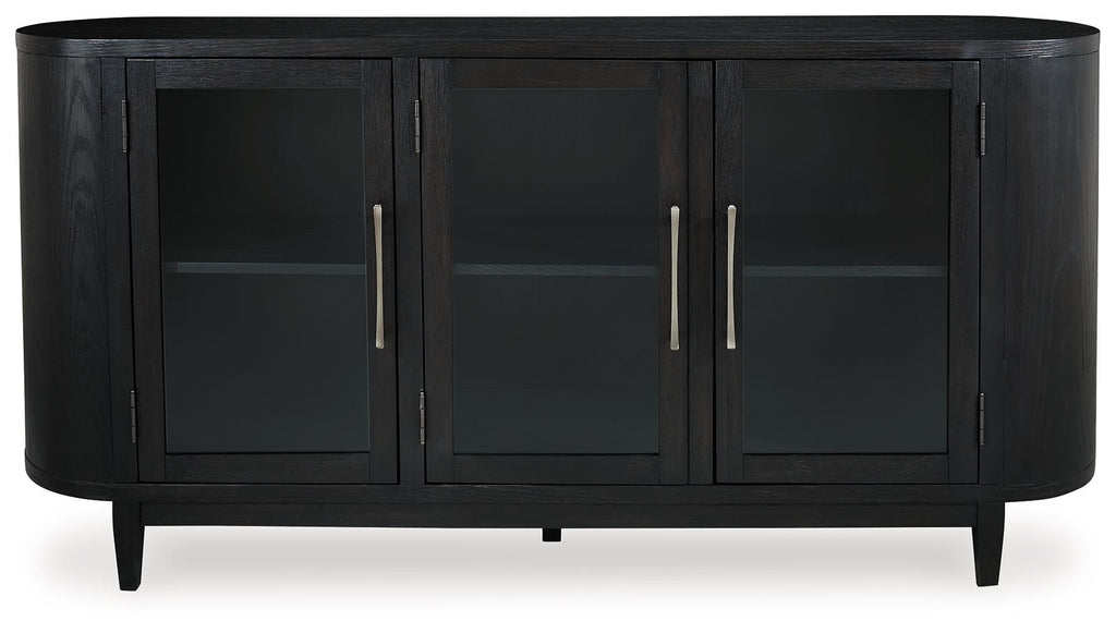 Black dining room server with three glass doors and brushed silver pulls