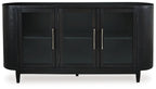 Black dining room server with three glass doors and brushed silver pulls