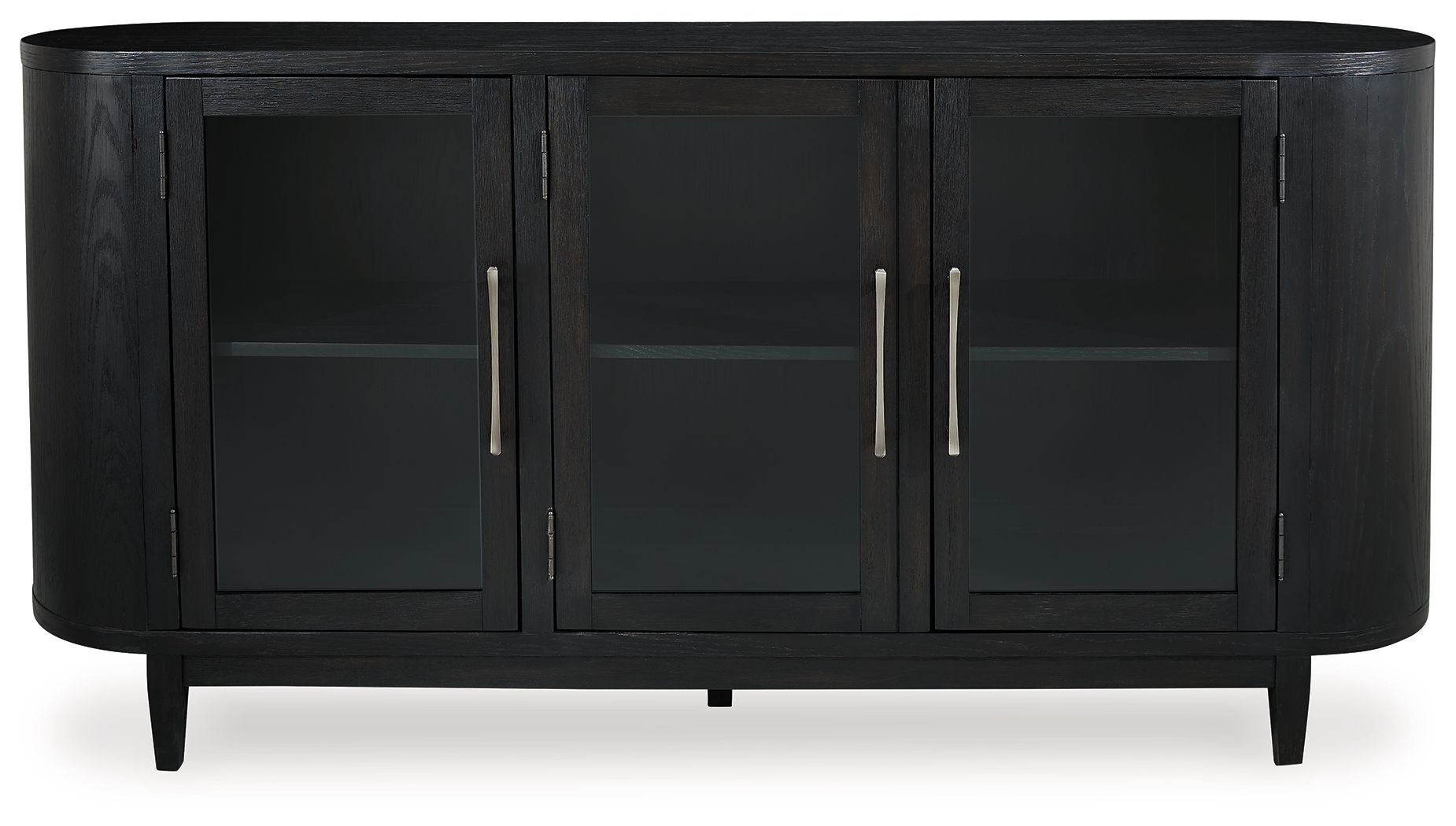 Black dining room server with three glass doors and brushed silver pulls
