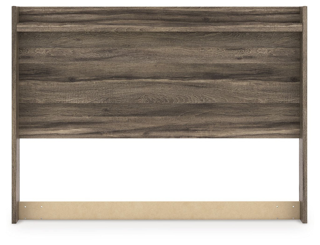 Dark brown panel headboard with horizontal slat panels and open center