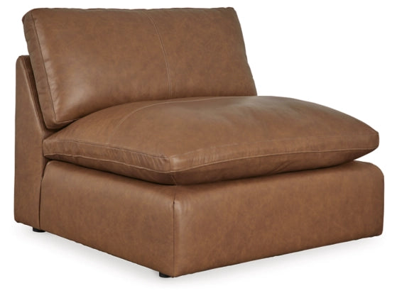Caramel sectional sofa chaise with padded backrest and track arms