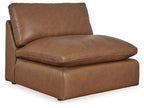 Caramel sectional sofa chaise with padded backrest and track arms