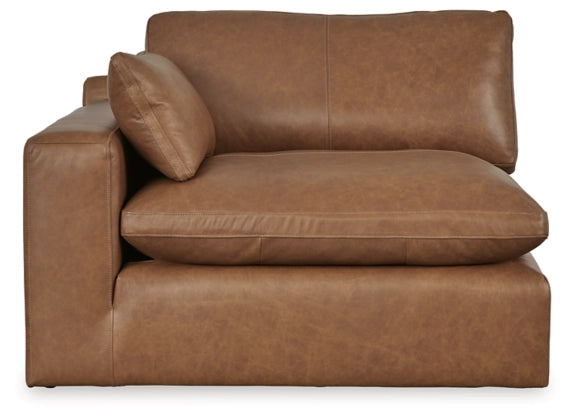 Caramel sectional sofa chaise with stacked cushions and rounded corner arm