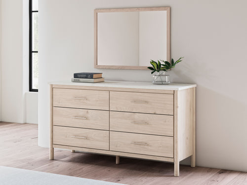 Cadmori two-tone dresser with mirror, light wood cabinet with four drawer fronts