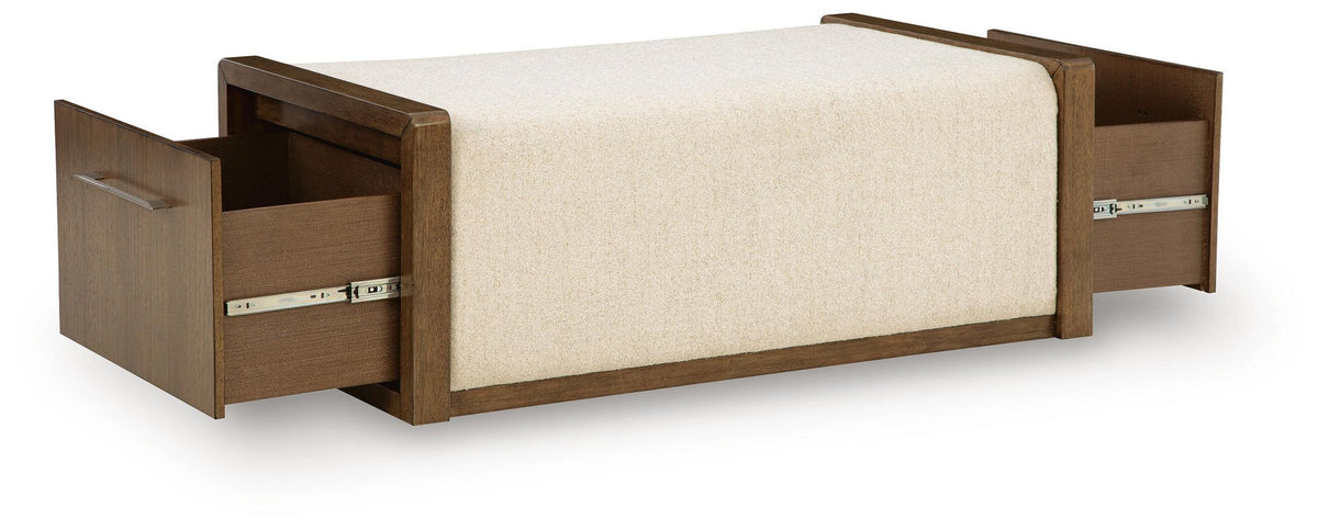Brown upholstered ottoman with open side storage compartments and lift-top lid