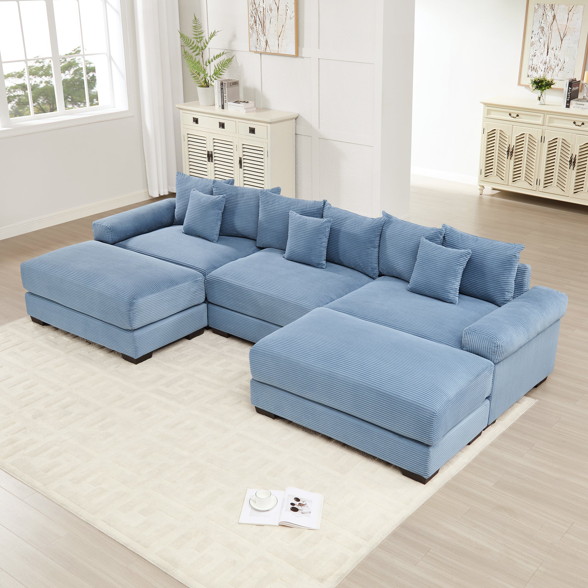130' Oversized Cloud Modular Sectional Couch, Premium Corduroy Fabric,3-Seater Deep Seat Wide Armrests, With An Ottoman,Ergonomic Design, Easy Assembly For Lounges Living Room,Blue