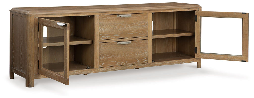 Light brown extra large TV stand with open cabinets, two drawers, and glass-pane door