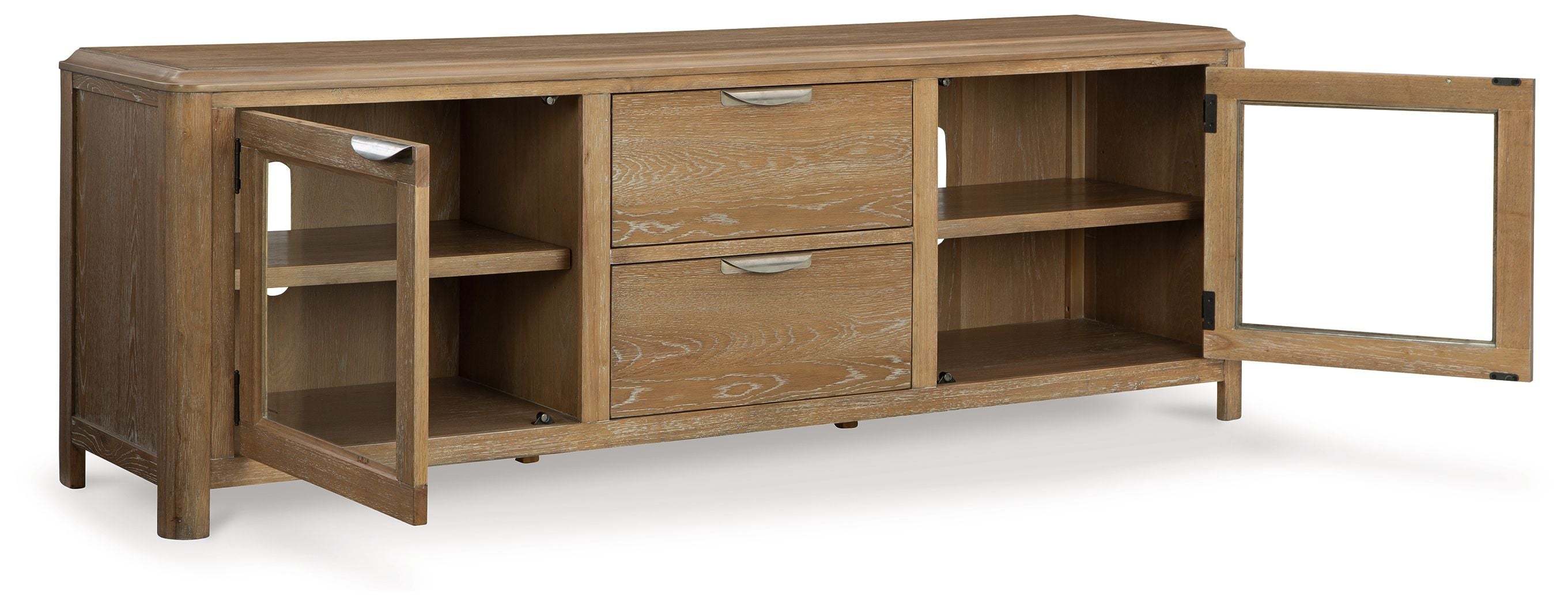 Light brown extra large TV stand with open cabinets, two drawers, and glass-pane door