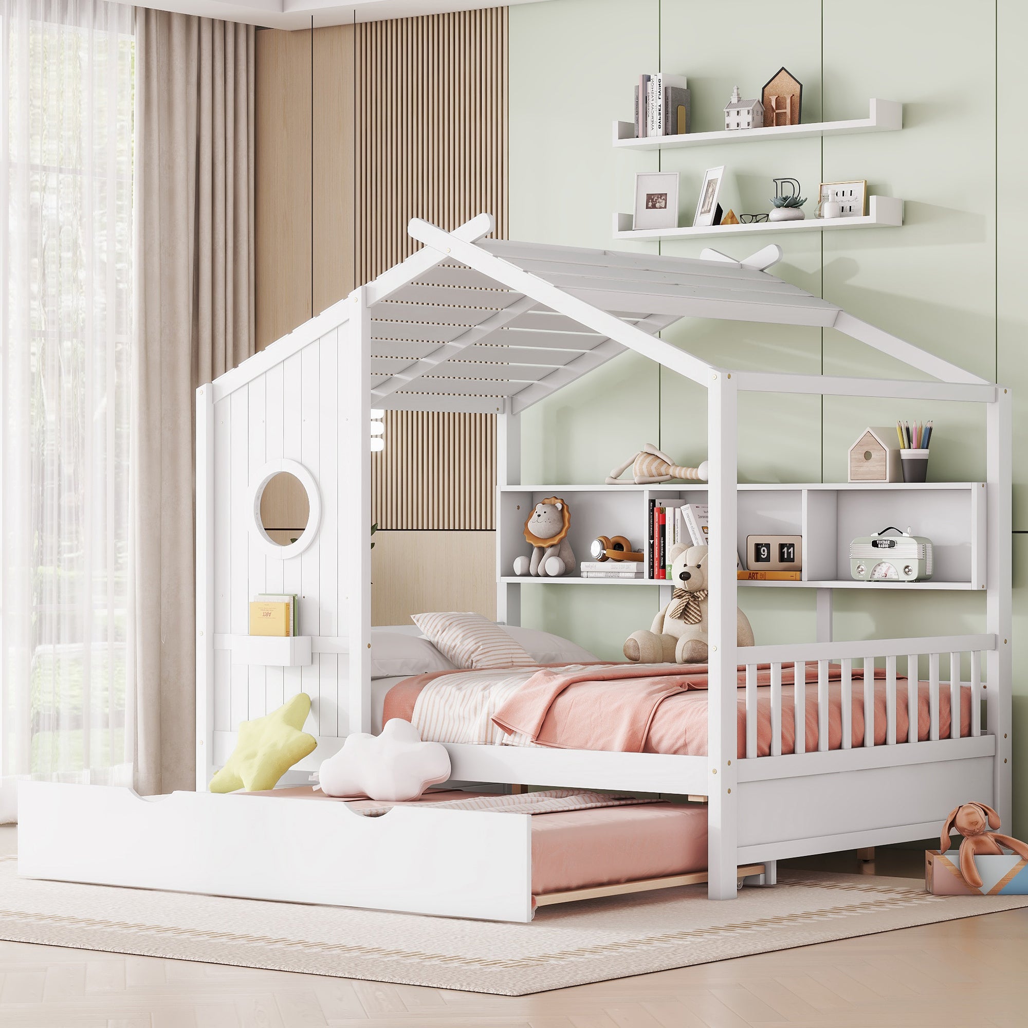 Modern White Wooden Full Size House Bed with Trundle & Storage for Kids