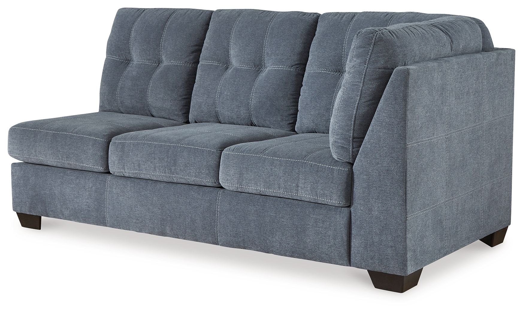 Blue denim full sofa sleeper with tufted back cushions, boxed arms, and dark legs.