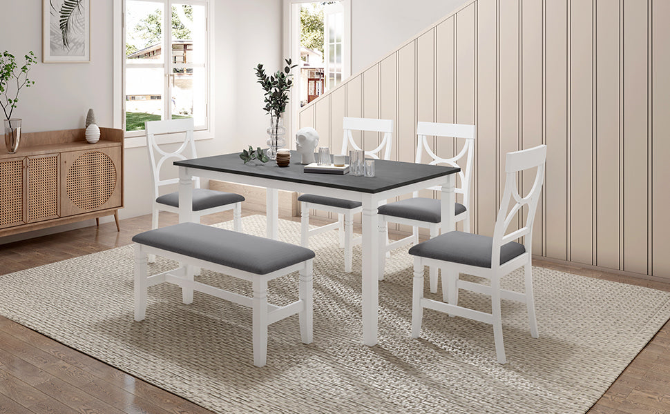 6-Piece Farmhouse Dining Set w/ Bench & Chairs