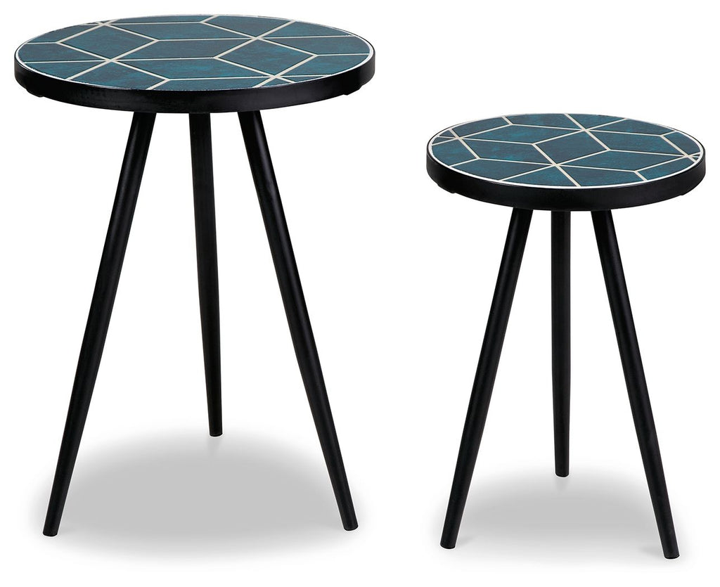 Round accent tables set with teal patterned tabletop, white grid, and black tapered legs