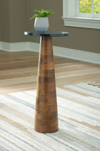 Round black stone-look accent table with narrow pedestal base in brown wood