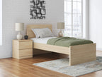 Light brown panel platform bed with headboard and white bedding set