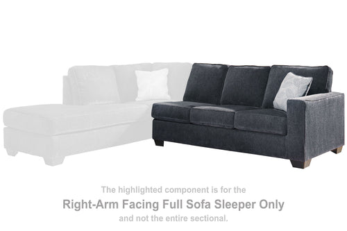 Right-arm facing full sofa sleeper, dark slate upholstery, track arms and cushions