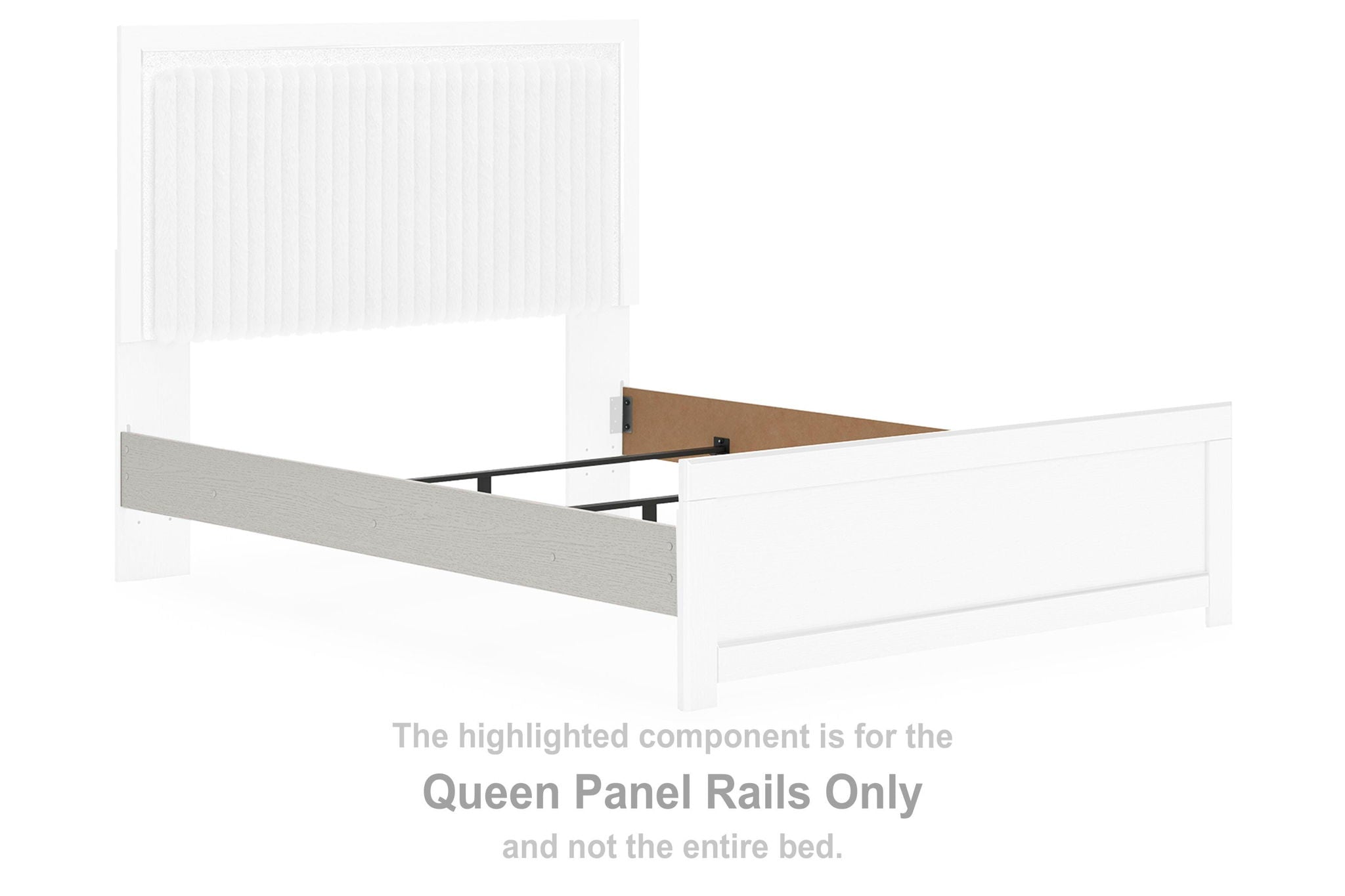 Queen panel rails in white, shown mounted on a bed frame