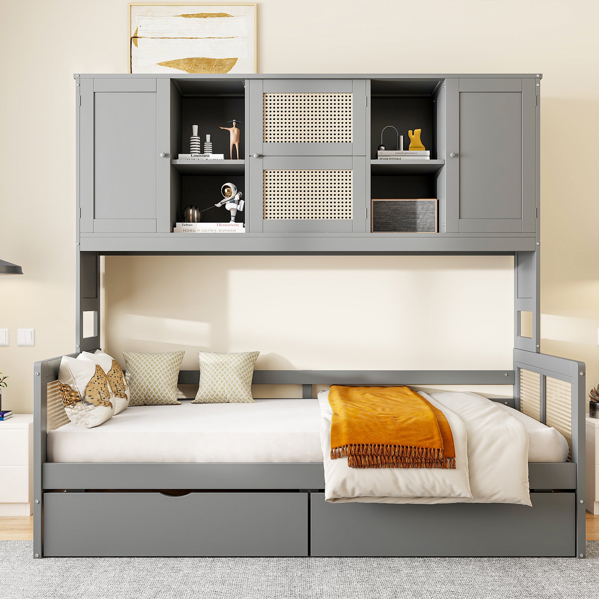 Gray Twin Wooden Daybed with 2 Drawers, Cabinet & Shelf Storage