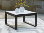 Square cocktail table with gray tabletop and black lower shelf frame, side view