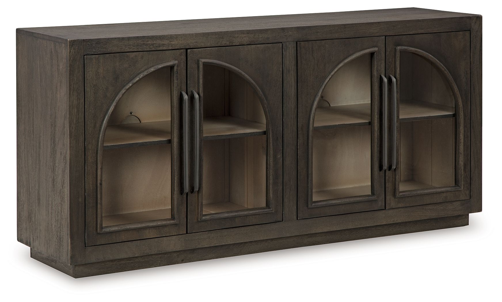 Grayish brown accent cabinet with arched glass doors and three visible shelves