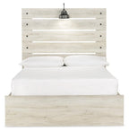 Beige panel bed with white mattress, slatted headboard, no visible front drawers